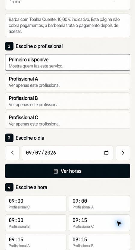 Demonstração da Zynalith Agenda: escolha de profissional, dia e horário disponível.