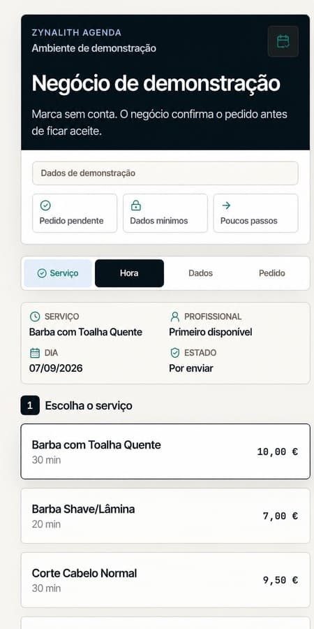 Demonstração da Zynalith Agenda: escolha de serviço num negócio de exemplo.